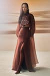 Buy_Pankaj & Nidhi_Brown Silk, Organza, Tulle, Crepe Sequins, Araquis Cinnamon Haze Yoke Set _at_Aza_Fashions