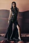 Shop_Pankaj & Nidhi_Black Round Neck Araquis Rift Monarch Cape _at_Aza_Fashions