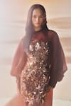 Buy_Pankaj & Nidhi_Brown Tulle, Crepe Embroidery, Zari Round Araquis Cinnamon Haze Dress And Cape Set _Online_at_Aza_Fashions