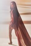 Shop_Pankaj & Nidhi_Brown Tulle, Crepe Embroidery, Sequins High Neck Araquis Cinnamon Haze Dress _at_Aza_Fashions