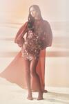 Pankaj & Nidhi_Brown Tulle, Crepe Embroidery, Sequins High Neck Araquis Cinnamon Haze Dress _Online_at_Aza_Fashions