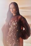 Buy_Pankaj & Nidhi_Brown Tulle, Crepe Embroidery, Sequins High Neck Araquis Cinnamon Haze Dress _Online_at_Aza_Fashions