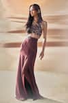 Buy_Pankaj & Nidhi_Brown Crepe Araquis Rippled Spice Harness Set _at_Aza_Fashions