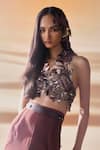 Buy_Pankaj & Nidhi_Brown Crepe Araquis Rippled Spice Harness Set _Online_at_Aza_Fashions