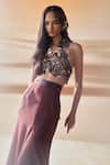 Shop_Pankaj & Nidhi_Brown Crepe Araquis Rippled Spice Skirt _at_Aza_Fashions