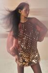 Buy_Pankaj & Nidhi_Brown Tulle, Silk Organza Applique Round Neck Araquis Dusk Glimmer Dress _at_Aza_Fashions