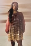 Shop_Pankaj & Nidhi_Brown Tulle, Silk Organza Applique Round Neck Araquis Dusk Glimmer Dress _at_Aza_Fashions