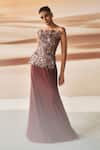 Buy_Pankaj & Nidhi_Brown Tulle, Crepe Embroidery, Araquis Mystique Desert Spice Corset Gown _at_Aza_Fashions