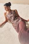 Buy_Pankaj & Nidhi_Brown Tulle, Crepe Embroidery, Araquis Mystique Desert Spice Corset Gown _Online_at_Aza_Fashions