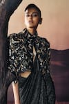 Shop_Pankaj & Nidhi_Black Crepe, Lurex Sequins Araquis Noir Majesty Cape And Pre- Draped Saree Set _at_Aza_Fashions