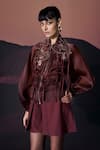Buy_Pankaj & Nidhi_Brown Silk Organza Fringe, Embroidery High Neck Araquis Oracle Bomber Jacket _at_Aza_Fashions