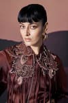 Buy_Pankaj & Nidhi_Brown Silk Organza Fringe, Embroidery High Neck Araquis Oracle Bomber Jacket _Online_at_Aza_Fashions