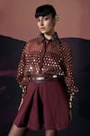 Buy_Pankaj & Nidhi_Brown Silk Organza, Crepe Sequins Collared Araqui Umber Gleam Shirt And Skorts _at_Aza_Fashions
