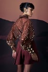 Shop_Pankaj & Nidhi_Brown Silk Organza, Crepe Sequins Collared Araqui Umber Gleam Shirt And Skorts _at_Aza_Fashions