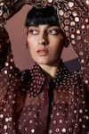 Pankaj & Nidhi_Brown Silk Organza, Crepe Sequins Collared Araqui Umber Gleam Shirt And Skorts _Online_at_Aza_Fashions