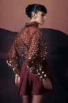 Shop_Pankaj & Nidhi_Brown Silk Organza Embroidery, Sequins Collared Araqui Umber Gleam Shirt _at_Aza_Fashions
