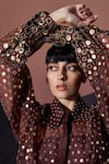 Pankaj & Nidhi_Brown Silk Organza Embroidery, Sequins Collared Araqui Umber Gleam Shirt _Online_at_Aza_Fashions