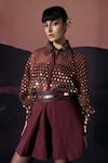 Buy_Pankaj & Nidhi_Brown Silk Organza Embroidery, Sequins Collared Araqui Umber Gleam Shirt _at_Aza_Fashions