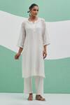 Buy_Priya Chaudhary_White Chanderi Embroidery Split V-neck Aafreen Kurta Set _Online_at_Aza_Fashions