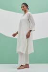 Shop_Priya Chaudhary_White Chanderi Embroidery Split V-neck Aafreen Kurta Set _Online_at_Aza_Fashions