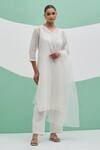 Buy_Priya Chaudhary_White Chanderi Embroidery V-neck Sahiba Kurta Set _at_Aza_Fashions