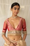Buy_Priyanka Raajiv_Red Brocade, Silk, Tissue Patchwork, Zari, Mirrors, Hunar Upcycled Blouse _at_Aza_Fashions