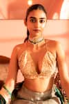 Buy_Priyanka Raajiv_Gold Sequins, Beads Halter Neck Kumud Upcycled Patchwork Blouse _at_Aza_Fashions