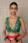 Shop_Priyanka Raajiv_Green Silk, Brocade, Satin, Cotton, Chiffon, Sugata Upcycled Patchwork Blouse _Online_at_Aza_Fashions