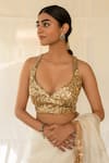 Buy_Priyanka Raajiv_Gold Tissue, Silk Sequins, Crystals, Stones, Zari Halter Neck Tejasi Blouse _at_Aza_Fashions