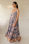 Priyanka Raajiv_Blue Cotton, Brocade Scoop Neck Aavni Floral Hand Block Print Kurta With Pant _Online_at_Aza_Fashions
