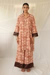 Buy_Priyanka Raajiv_Rust Cotton, Silk, Brocade, Tissue Mrida Hand Block Print Kurta With Pant _at_Aza_Fashions