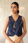 Buy_Priyanka Raajiv_Blue Silk, Brocade, Tissue Tassels, Embroidery Veera Upcycled Patchwork Jacket _at_Aza_Fashions