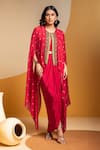 Buy_Soup By Sougat Paul_Pink Crepe Zari, Sequins Sweetheart Neck, Taarani Drape Dress And Embellished Cape _at_Aza_Fashions
