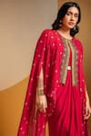 Shop_Soup By Sougat Paul_Pink Crepe Zari, Sequins Sweetheart Neck, Taarani Drape Dress And Embellished Cape _Online_at_Aza_Fashions