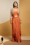 Buy_Soup By Sougat Paul_Orange Crepe, Silk Embroidery, Zari, Taarani Printed Drape Dress And Jacket _at_Aza_Fashions