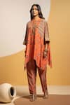 Soup By Sougat Paul_Orange Crepe Zari, Sequins Round Neck Printed Kaftan And Pant Set With Embroidery _Online_at_Aza_Fashions