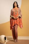 Buy_Soup By Sougat Paul_Orange Crepe Zari, Sequins Round Neck Printed Kaftan And Pant Set With Embroidery _at_Aza_Fashions