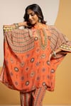 Shop_Soup By Sougat Paul_Orange Crepe Zari, Sequins Round Neck Printed Kaftan And Pant Set With Embroidery _Online_at_Aza_Fashions
