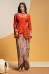 Buy_Soup By Sougat Paul_Red Crepe Zari, Sequins Taarani Embellished Peplum Top And Draped Skirt Set _at_Aza_Fashions