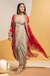 Buy_Soup By Sougat Paul_Beige Crepe, Organza Taarani Printed Drape Dress With Embellished Jacket _Online_at_Aza_Fashions