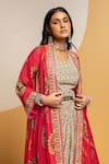 Shop_Soup By Sougat Paul_Beige Crepe, Organza Taarani Printed Drape Dress With Embellished Jacket _Online_at_Aza_Fashions