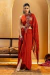 Buy_Soup By Sougat Paul_Red Crepe, Silk Applique, Zari, Sequins Rangtara Pre-draped Saree And Blouse Set _at_Aza_Fashions