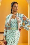 Soup By Sougat Paul_Blue Crepe Embroidery, Zari, Rangtara Printed Drape Dress And Embellished Jacket _Online_at_Aza_Fashions