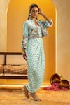 Shop_Soup By Sougat Paul_Blue Crepe Embroidery, Zari, Rangtara Printed Drape Dress And Embellished Jacket _Online_at_Aza_Fashions