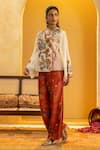 Buy_Soup By Sougat Paul_Off White Silk Applique, Zari, Sequins Rangtara Angarkha Top And Printed Pant Set _at_Aza_Fashions