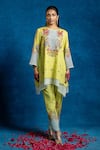 Buy_Soup By Sougat Paul_Yellow Kota Doria, Cotton Applique, Zari, Rangtara Kurta And Printed Pant Set _at_Aza_Fashions