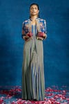Buy_Soup By Sougat Paul_Blue Crepe Zari, Sequins Square Aarani Printed Jumpsuit And Embroidered Jacket Set _at_Aza_Fashions