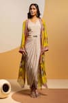 Buy_Soup By Sougat Paul_Cream Satin, Organza Zari, Taarani Printed Drape Dress With Embellished Jacket _at_Aza_Fashions