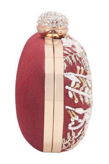 Shop_Nazaakat By Samara Singh_Maroon Beads, Pearls, Sequins, Rhinestones, Clutch Bag With Detachable Sling _Online_at_Aza_Fashions