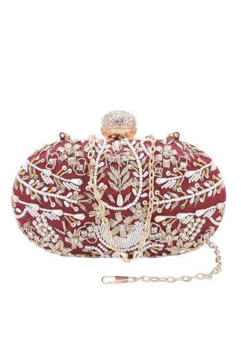 Shop_Nazaakat By Samara Singh_Maroon Beads, Pearls, Sequins, Rhinestones, Clutch Bag With Detachable Sling _at_Aza_Fashions